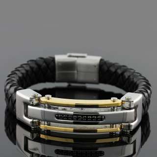 Stainless Steel and Black Leather Two Tone Black CZ Mens Bracelet 