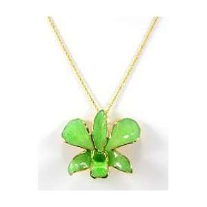    REAL FLOWER Gold Orchid Necklace Pendant Green & Chain Jewelry