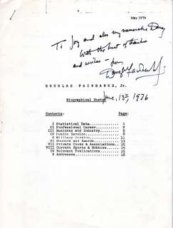   Fairbanks Jr Autographed Signed Rare Biographical Sketch UACC RD COA
