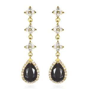    Gold Tone Black CZ Pear Drop Dangle Earring CHELINE Jewelry