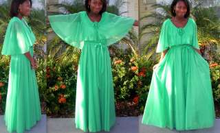 Vtg MIKE BENET FORMALS Green Chiffon Flutter Flower Hostess Gown Maxi 