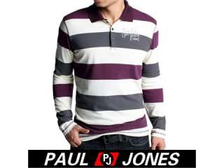 PJ Mens Slim Fit Cotton Long Sleeve Casual Stripes Polo T Shirt Top US 
