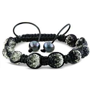   Black and White Cubic Zirconia Shambhala Bead Bracelet, 7 Jewelry