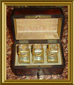   PERFUME BOTTLES INSIDE A GORGEOUS TANTALUS BOX WITH INLAIDS AND KEY