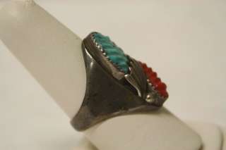 VTG ZUNI Silver, Coral & Turquoise Ring! Signed!  