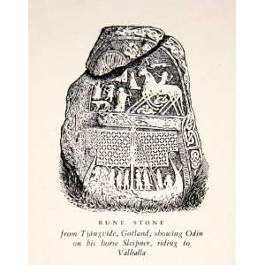 1930 Print Rune Stone Tjangvide Gotland Odin Sleipner Valhalla Viking 