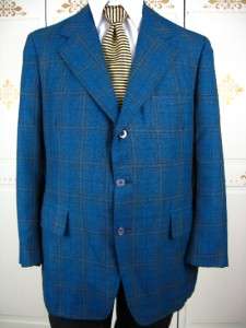 RARE Vtg 60s BOTANY 500 DOROFF Blue PLAID Wool Silk BESPOKE Sportcoat 
