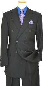   BLACK W/ ROYAL BLUE / VIOLET PINSTRIPES DOUBLE BREASTED WOOL SUIT~ 44R