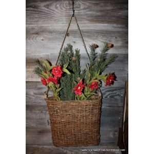 Red Flowers and Pine in Grapevine Wall Basket 