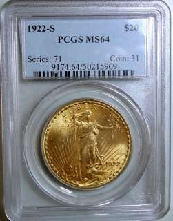 1922 S $20 ST GAUDENS GOLD COIN PCGS MS 64 SUPER  