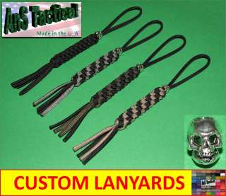 Paracord Tactical Knife Key Lanyards   Pewter Skulls, round weave 