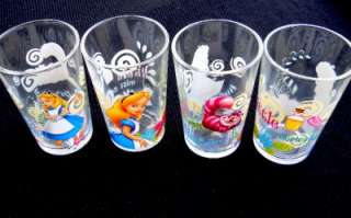   Glasses Set Four Assorted 8 oz Nw Alice in Wonderland & Cheshire Ca