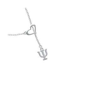 Greek Letter Psi   Silver Plated Heart Lariat Charm Necklace 