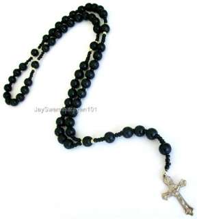   Black Rosary Necklace Wooden Gold Tone Beads Crucifix 29 long  