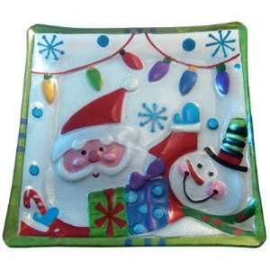  Santa & Snowman Hand Painted Glass Plate
