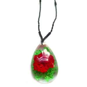  Red Rose & Green Clovers Clear Teardrop Necklace Real 