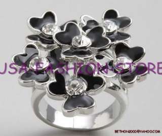 GUESS BLACK FLOWER SILVER FASHION RING CRYSTALS SIZE 7  