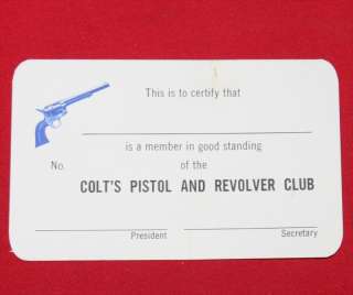 COLT Firearms Pistol and Revolver Club Members Card  