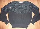 vtg 90s womens sweater BLACK LACE detailing on neck & sleeves SEQUINS 