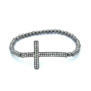  Dark Grey Beaded Side Cross Stretch Bracelet w/ Crystals Jewelry