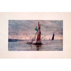  1905 Print William Wyllie Wreck Barge Thames Green Flag 