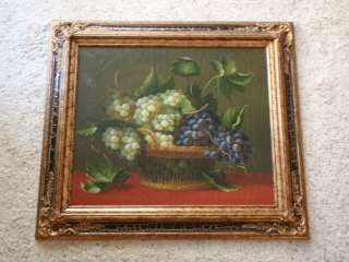 Antique Still Life Grape Fruit Bowl Crackle Canvas Framed NICE ART 