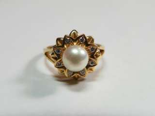 Mikimoto 18K Yellow Gold 8 Diamond & Akoya Pearl Ring Sz 54 6.5  