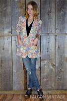 Vtg 90s Deep V Muted Floral Print Skinny Boyfriend Jacket Blazer 