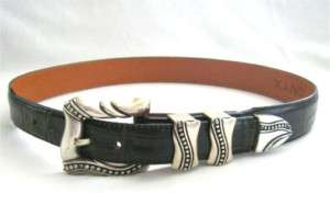 Onyx Brown Croco Leather Belt w/ Silver Buckle sz 30  