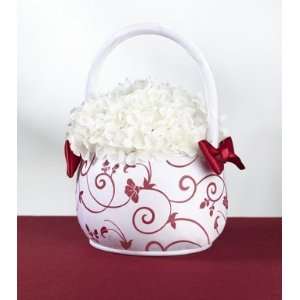    Red and White Floral Scroll Flower Girl Basket 