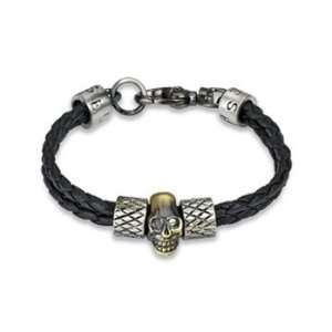   Leather Braided Bracelet with Steel Skull and Scaled Charms Jewelry