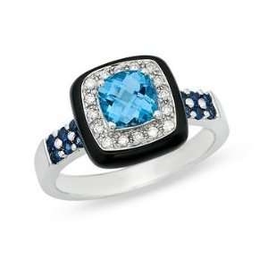   Topaz, Sapphire, Black Agate and Diamond 14K White Gold Ring: Jewelry