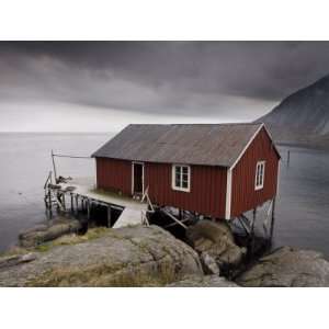 Rorbu on Stilts by Fjord, Lofoten Islands, Norway, Scandinavia, Europe 