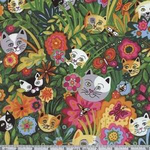  45 Wide Cats Secret Garden Happy Faces Green Fabric By 