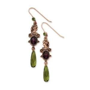   Burnish Copper tone Olivine/Dark Purple Crystal Drop Earrings Jewelry