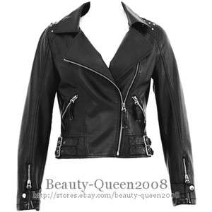 NWT Womens Black Faux Leather Biker Jacket Motorcycle Studded&Cropped 