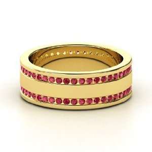  Double Happiness Band, 14K Yellow Gold Ring with Ruby 