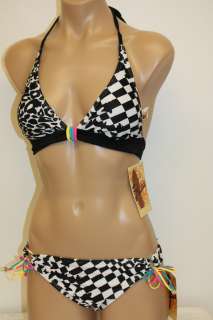 NWT Hobie Swimsuit Bikini 2ps set Black/White Print Tie side bottom 