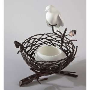  Metal Bird Nest with Ceramic Bisque Bird & Egg Tealight 