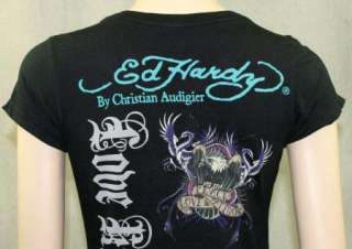 ED Hardy Womens T shirt Rose Web Double Dragon STONES  