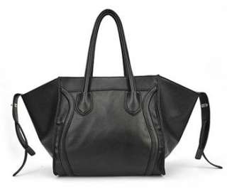 New Generous Womens Black PU Leather Tote Bag Interior Zipper Pocket 
