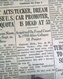 1956 PRESTON TUCKER DEATH Torpedo Sedan AUTOMOBILE Detroit MI Michigan 