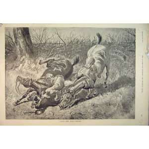    1892 Country Scene Men Falling Horses Jumping Fence