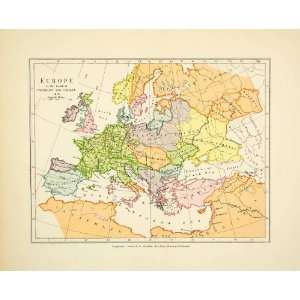  1908 Print Antique Map Europe Charles Great Charlemagne 