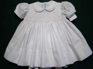 HAND~EMBROIDERED BABY GIRLS SMOCKED WHITE / PINK DRESS W/FAGOTING 3M 