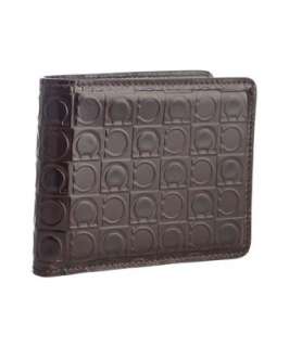 Salvatore Ferragamo chocolate gancio embossed leather bi fold wallet 