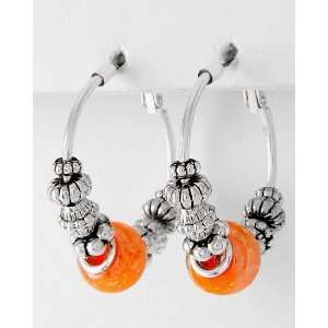   Hoop Earrings ~ Lightweight Silver Beads & Orange Murano Glass Beads