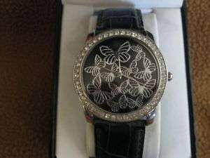 GNW BLACK LEATHER BAND WOMENS BUTTERFLY FACE WATCH NEW  