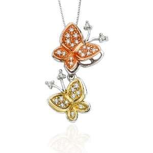  10K Tri Color Gold 0.15 ct. Diamond Butterfly Pendant with Chain 