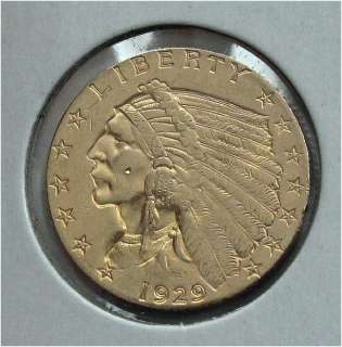USA $2 1.2 DOLLARS GOLD COIN, 1/4 EAGLE, INDIAN XF/AU 1929  
